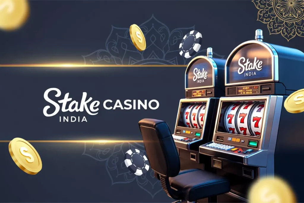Promotional banner for Stake Casino India showing two elegant slot machines with lucky seven reels, surrounded by floating gold coins marked with dollar signs and poker chips, featuring the Stake Casino India logo in white text on a dark blue background with intricate Indian-inspired patterns.