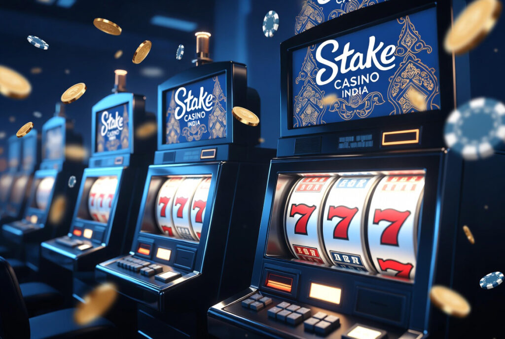 Row of luxurious Stake Casino India slot machines in a dimly lit casino hall, featuring classic lucky seven symbols on spinning reels, with gold coins and poker chips flying in the air, and the Stake Casino India logo prominently displayed on the screens.